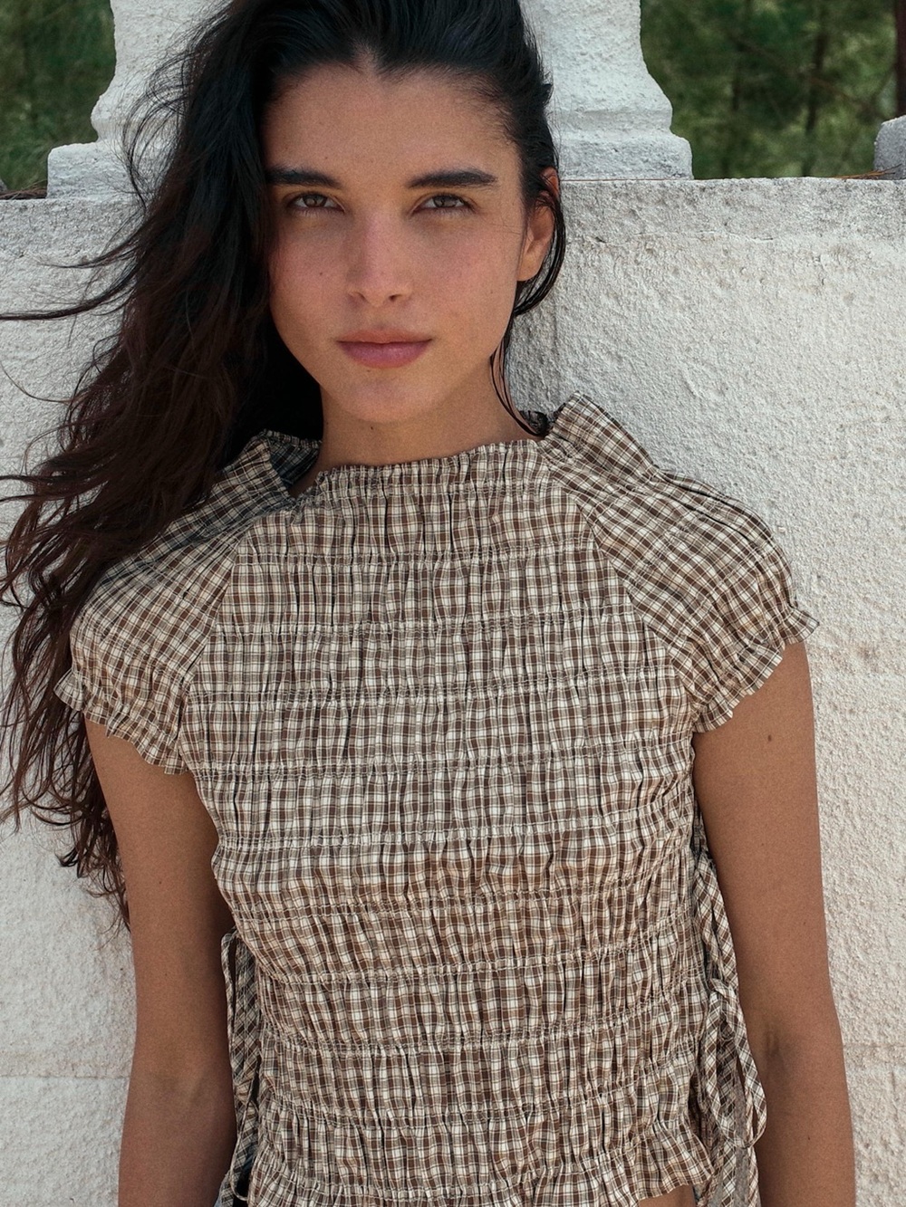 Zara poplin Gingham Cap-Sleeve Top in Beige Brown